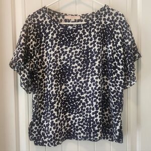 LOFT Navy and White Scatter Dot Flutter Sleeve Blouse, Size Small